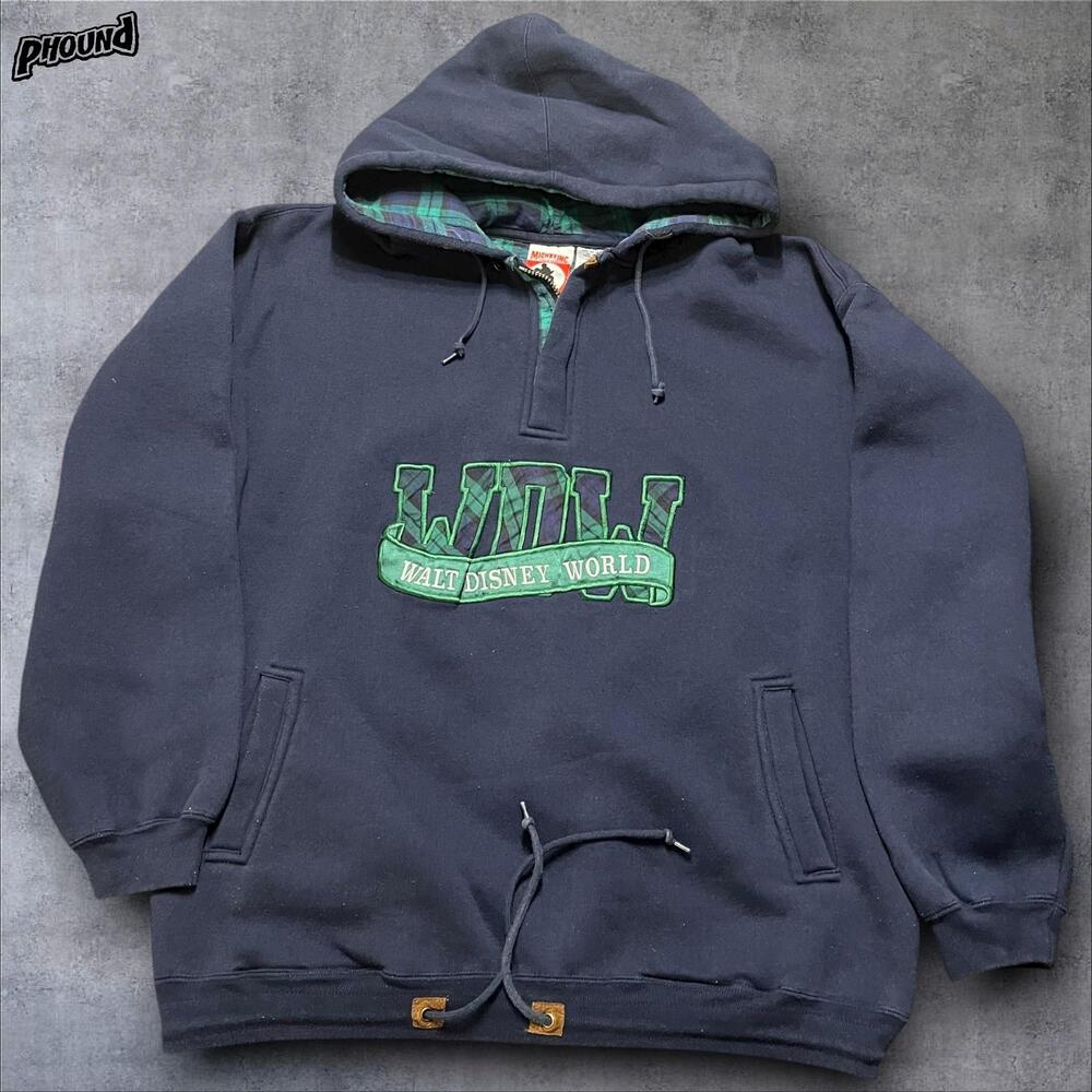 Disney Walt Disney World Hoodie Mens 2XL Navy Plaid Lined Hood Zip Pullover